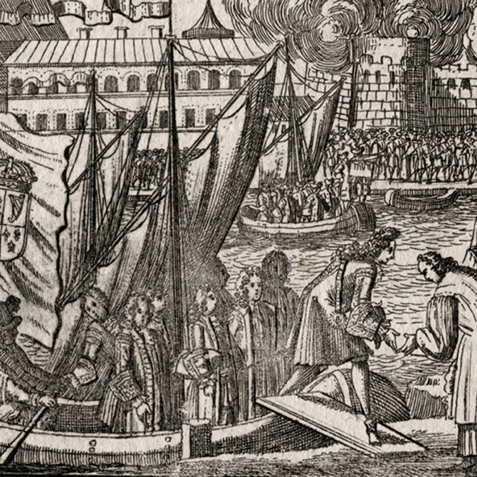 Ankunft des Kurfürsten Georg Ludwig in England im Jahre 1714. Bildbeschriftung in "Dame-Herzog-Kurfürst-König"
